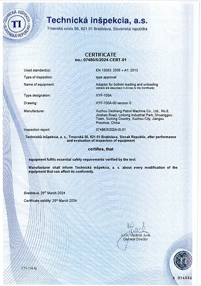 Certification ADR (Adaptateur pour remplissage et déchargement par le bas) 